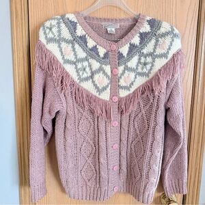 SPICE OF LIFE Vintage Rose Pink Fringe Fair Isle Yoke Cable Knit Sweater Large